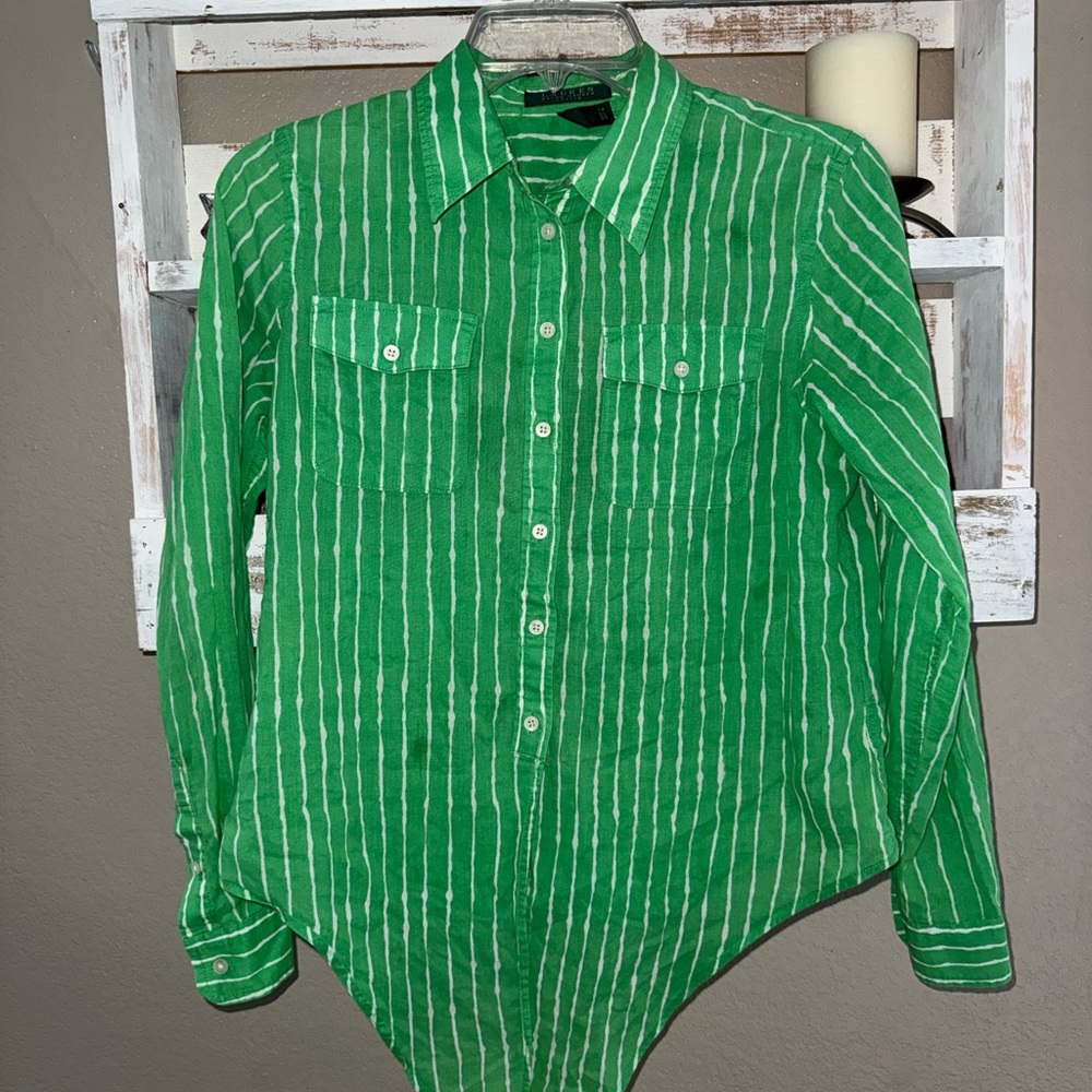 Ralph Lauren Green and White Striped Shirt